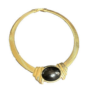 Trifari Omega Choker Necklace Gold Tone Black Oval Cabochon Lucite Chunky Chain